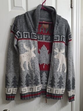 Canadiana Heavy Knit Zip Cardigan Sweater Moose Maple Leaf Shawl Collar - Size S